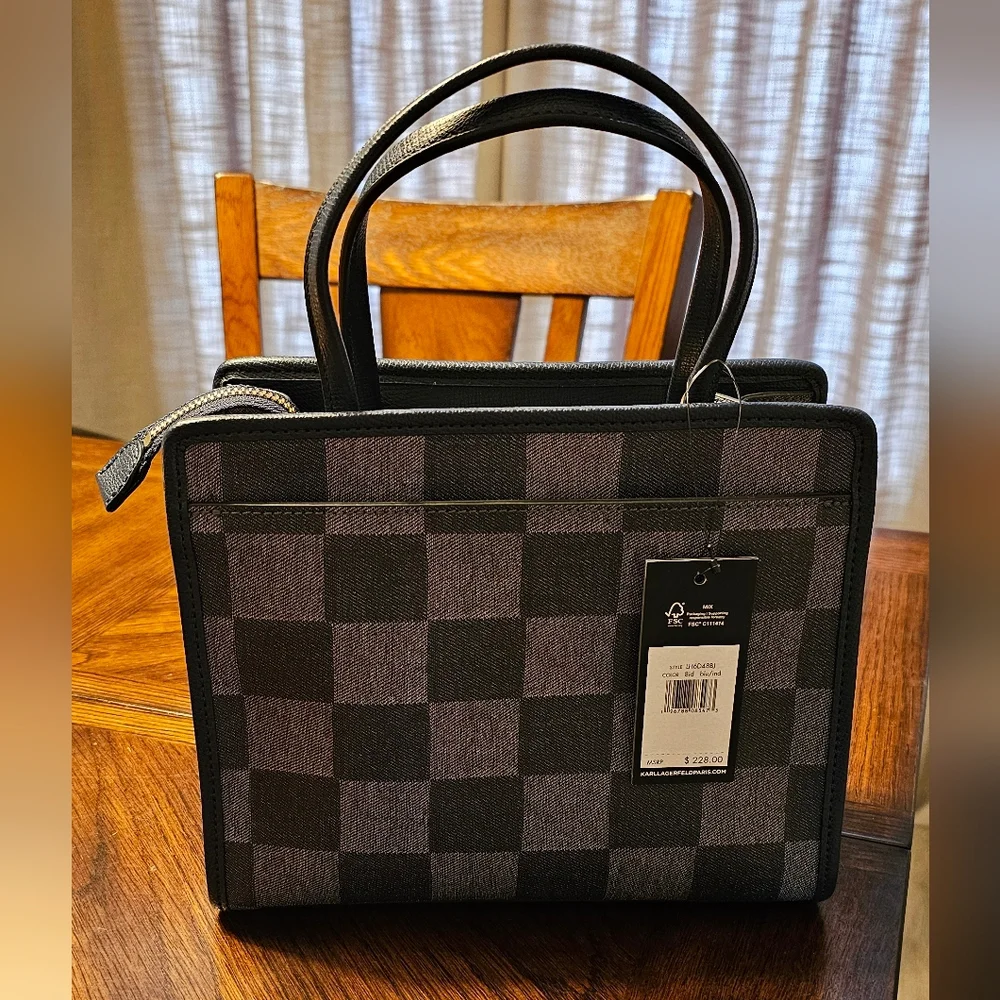 Karl Lagerfeld Navy Blue and Gray Checkered 2-Way Tote - NWT - Picture 2 of 5